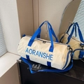 Cream white canvas sports duffel bag with navy blue straps for travel and fitness gym - Blue