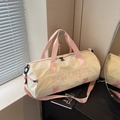 Cream and pink cylinder travel bag with AORANSHE embroidery and adjustable shoulder strap - Pink