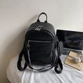 Black lychee leather large capacity backpack with patterned strap and side pouch - Black