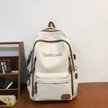 Retro-Rucksack in Cremeweiß mit braunem Lederbesatz und mehreren funktionalen Reißverschlussfächern - Weiß
