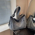 Retro washed denim tote bag in classic blue with stylish knotted wide shoulder strap - Denim Blue