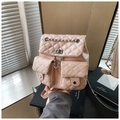 Pink quilted backpack with silver chain straps and dual front pockets for women - Pink