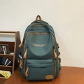 Dark green large capacity backpack with brown leather trim and side reflective strips - Green