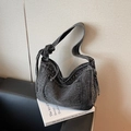Vintage washed black denim tote bag with knotted shoulder strap and front patch pocket - Black