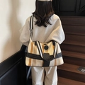 Striped canvas travel tote bag in yellow and cream with adjustable shoulder strap - Khaki