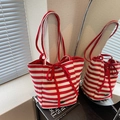 Sac fourre-tout en toile à rayures rouges et blanches avec nœud rouge décoratif - Rayé rouge et blanc