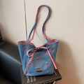 Blue denim tote bag with red cherry embroidery and a red gingham bow accent - Red Cherry Pattern