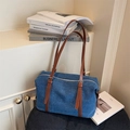 Vintage donkerblauwe denim shopper met bruine leren riemen en zilverkleurige rits - Bruin