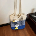 Dreifarbige gewebte Tragetasche mit Möwen-Anhänger in Creme, Graublau und Marineblau - Blau (Mit Anhänger)