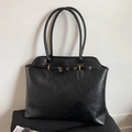 Chic black high-gloss PU leather tote bag with long handles and gold metal hardware - Black Large