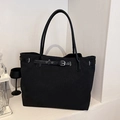 Sac cabas minimaliste en toile noire avec anses en cuir et boucle argentée - Noir