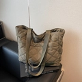 Army green quilted tote bag with diamond pattern and side pocket for daily commute - Army Green