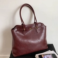 Deep burgundy large capacity tote bag with glossy leather texture and metal buckle detail - Wine Red Large