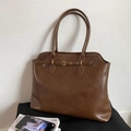 Dark brown retro leather tote bag with round handles and metal buckle strap detail - Brown Large