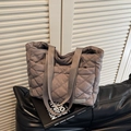 Grey quilted puffer tote bag with large capacity and shoulder strap for daily commuting - Gray