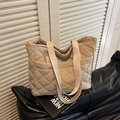 Quilted tote bag in beige nylon with classic diamond pattern and shoulder straps - Off White