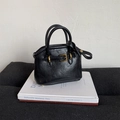 Minimalist black faux leather tote bag featuring vintage gold buckle and dual handles - Black Small