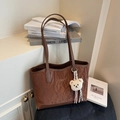 Dark coffee crinkled tote bag with dual handles and a white plush bear charm - Coffee
