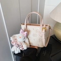 Cream crossbody tote bag with pink trim and cute cartoon cat pattern and rabbit charm - Pink with Pendant