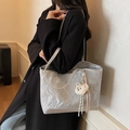 Silver wrinkled tote bag with bear charm and colorful cord for women's daily commute - Silver