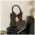 Olive green faux suede tote bag set with matching pouch and bear pendant accessory - Dark Green