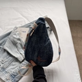 Blue denim crossbody sling bag with orange embroidery and floral patterned strap - Dark Blue