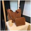 Brown faux suede tote bag set with matching pouch and cute bear pendant charm - Brown