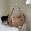Khaki large nylon tote bag with multiple front pockets for urban commuting and study - Khaki