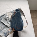 Blue denim crossbody sling bag featuring an ethnic geometric embroidered wide strap - Light Blue