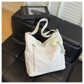 Close-up of white nylon tote bag with Angel Fish logo and yellow moon plush charm - White with Pendant