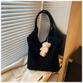 Large black corduroy tote bag for women with cute beige plush bear pendant accessory - Black