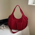 Large red canvas tote bag with multi-pocket design for casual commuting and travel - Burgundy