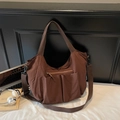 Dark brown nylon multi-pocket tote bag with adjustable shoulder strap and large capacity - Coffee