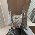 Silver quilted leather crescent bag with metallic finish and chain strap details - Large / Silver