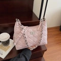 Elegant quilted pink chain bucket bag with silver clasp and premium glossy finish - Large / Pink