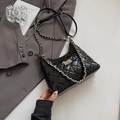 Chic black quilted rhombic shoulder bag with silver chain strap and glossy leather finish - Small / Black