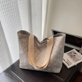Champagne woven jacquard tote bag with geometric floral patterns and wide straps - Gray