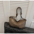 Brown pleated PU leather crossbody bag with knot shoulder strap and minimalist design - Khaki Brown