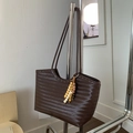 Deep brown woven tote bag with V-pattern texture and colorful wooden bead tassel - With Charm / Brown