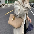 Khaki large woven tote bag with beaded tassel detail and rope shoulder straps - With Charm / Khaki
