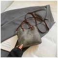 Vintage-style grey bucket bag with brown handles and washed leather texture - Black without Pendant