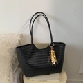 Handmade black woven tote bag with bohemian wooden bead tassel and long shoulder straps - With Charm / Black