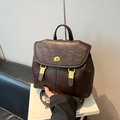 Minimalist dark brown retro leather backpack with gold buckle and top handle for women - Brown