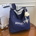 Navy blue large capacity tote bag with white ANGEL FISH letters and plush cloud charm - Blue with Charm