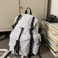 Mochila escolar gris claro multibolsillo con hebillas negras y bolsillos laterales - Blanco Roto