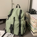 Mochila universitaria estética verde pálido con diseño multibolsillo y correas negras - Verde