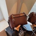 Brown leather crossbody square bag with double zippers and silver studs decoration - Brown