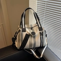 Striped canvas tote gym bag in beige and sage green with adjustable crossbody strap - Blue