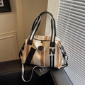 Striped canvas tote gym bag with black N letter and brown leather patch accent - Khaki