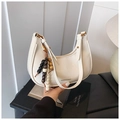 White crescent hobo bag with wood bead charm and minimalist fashion printing - White with Pendant